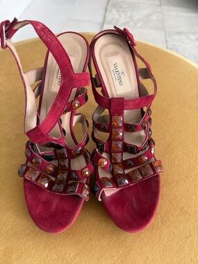 Valentino Burgundy Suede Gem-Embellished Strappy Heels